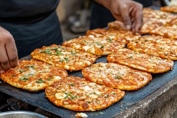 Closeup of a street vendor preparing a tray of cheesy flatbreads.
