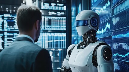 A businessman engages with an advanced robot in a high-tech environment showcasing data analysis and futuristic technology.