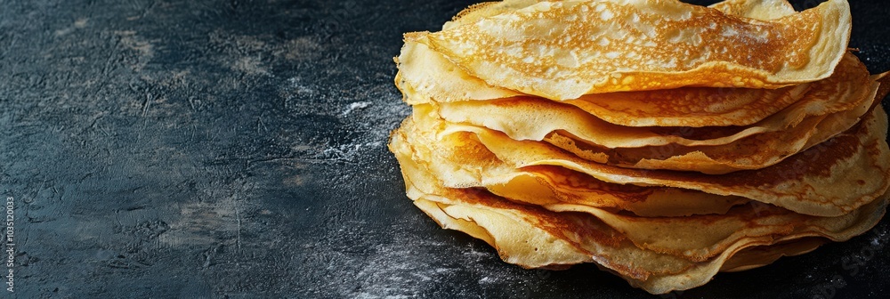 Poster A tall stack of golden crepes rests elegantly on a dark stone surface, ready to be enjoyed for breakfast or dessert. Generative AI