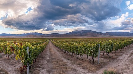 Fototapeta premium Vineyard Rows Leading Towards Mountain Range Under Cloudy Sky