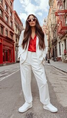 Obraz premium Young woman in white suit and sunglasses walks on a city street.