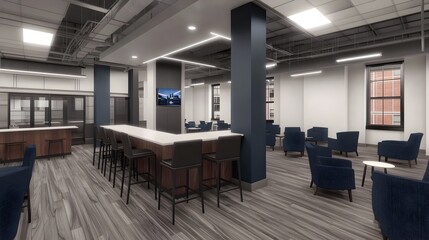 A modern and stylish open plan space featuring clean lines sleek furniture and warm wooden accents that create a cozy and inviting atmosphere
