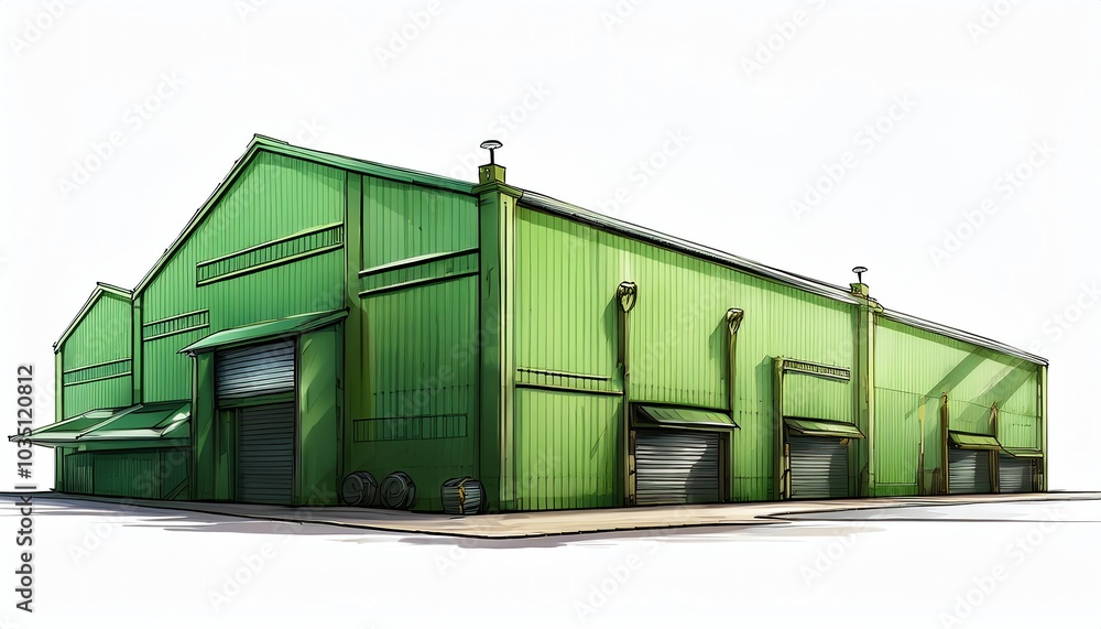 Poster a large green industrial building with multiple loading docks and a simple, functional design.