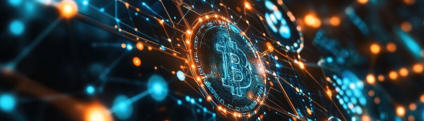A futuristic representation of digital currency, featuring glowing Bitcoin symbols interconnected by vibrant lines and nodes.