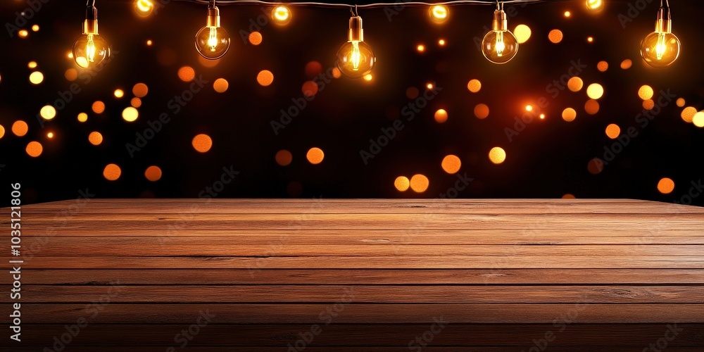 Poster warm string lights on wooden table with sparkling background