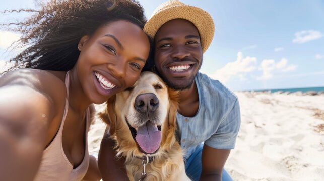 Happy couple taking a selfie with their dog at the beach for social media, capturing a joyful moment during a video call or vlog