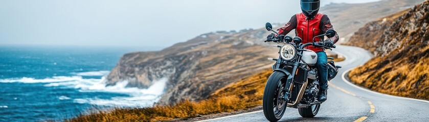 Solo adventurer riding a motorcycle along a winding coastal road, ocean waves crashing below, ultrarealistic detail of movement, gear, and the spirit of freedom