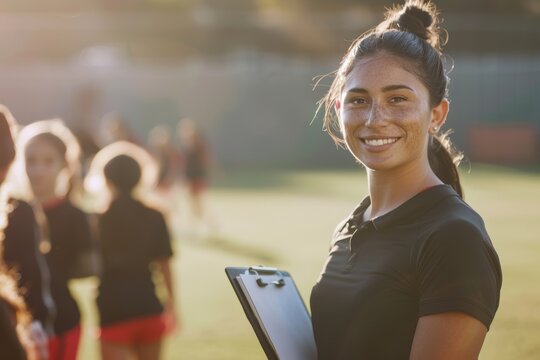 Female coach leading a youth football team in training on a grassy field, emphasizing sports development and teamwork