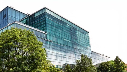 A modern glass building surrounded by greenery, showcasing contemporary architecture and urban design.