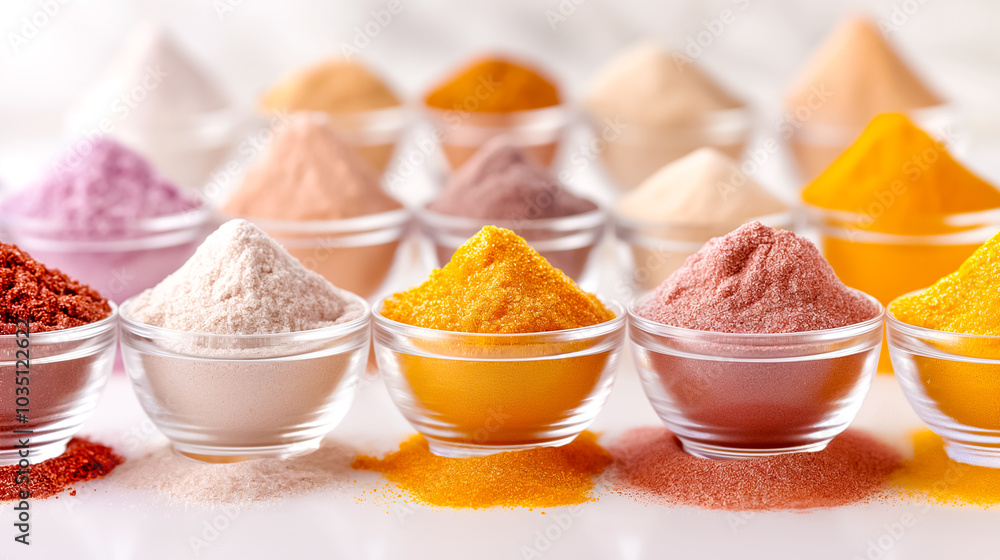 Poster a variety of colorful spices sits in clear bowls, showcasing an array of hues and textures on a clea