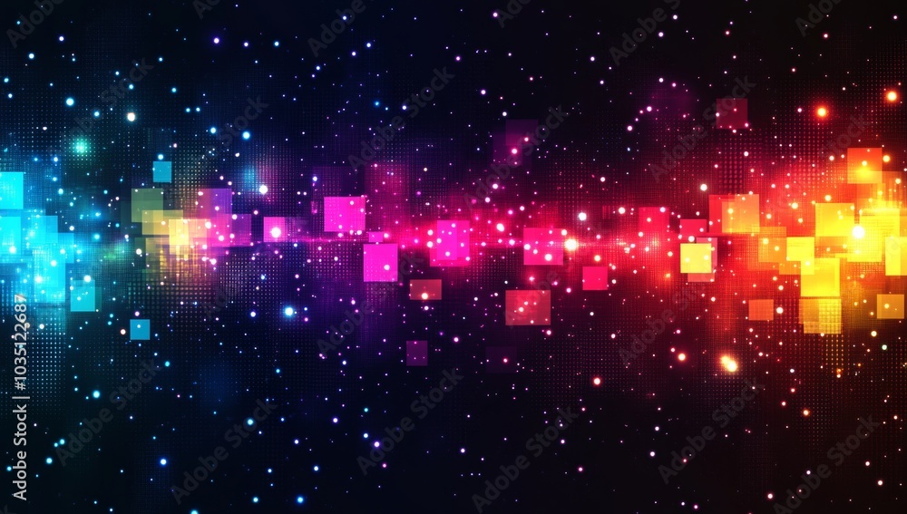 Poster a colorful, abstract background with many small squares of different colors