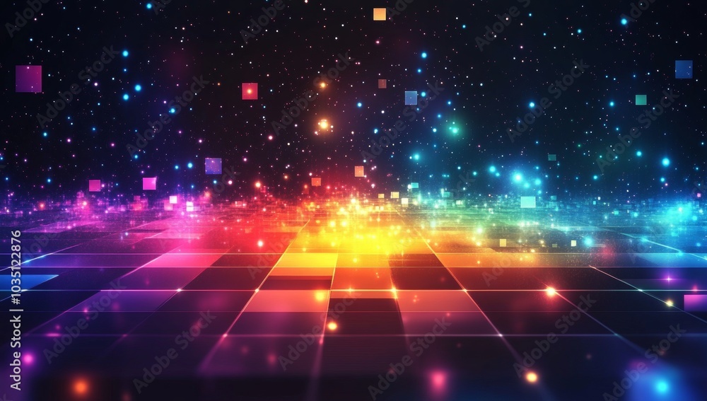 Poster a colorful, abstract background with many small squares of different colors