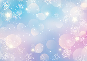 Pastel coloured Christmas background with snowflakes and bokeh lights