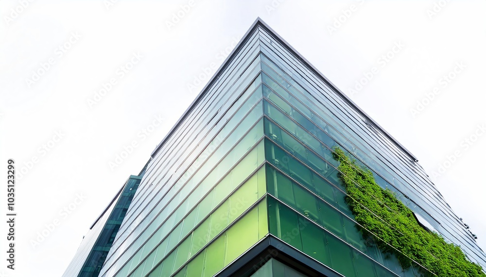 Poster a modern, green building featuring a sleek façade with vertical gardens and a sharp, angular design 