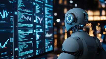 Fototapeta premium A modern robot analyzing digital data on multiple screens, showcasing advanced technology and artificial intelligence in action.