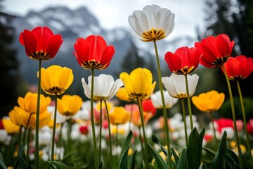 Fototapeta premium Vibrant red, yellow, and white tulips bloom in a field, with a mountain range in the background.