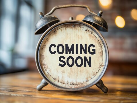 Table Clock Displaying Coming Soon Message with selective focus