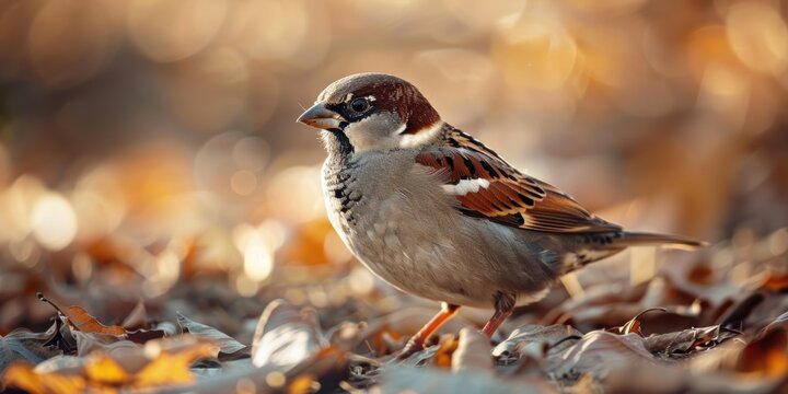 A close-up shot of a small sparrow during early sunset
