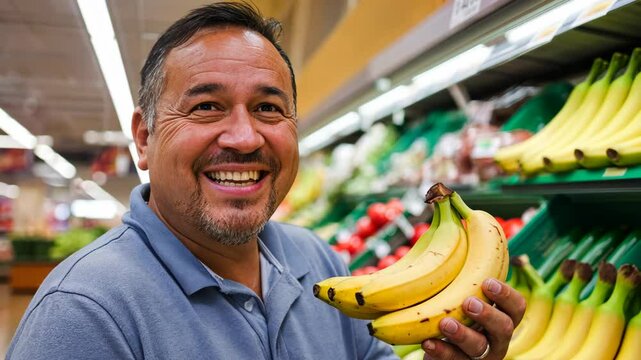 Smiling middle-aged Hispanic man holding bananas in a grocery store produce aisle