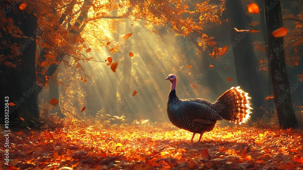 Canvas Prints A turkey wandering through an enchanted autumn forest, with towering trees and a vibrant carpet of fallen leaves,