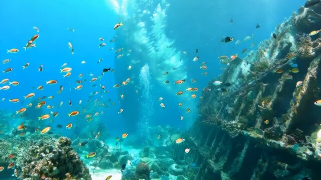 Colorful lionfish hovering near shipwreck, Video