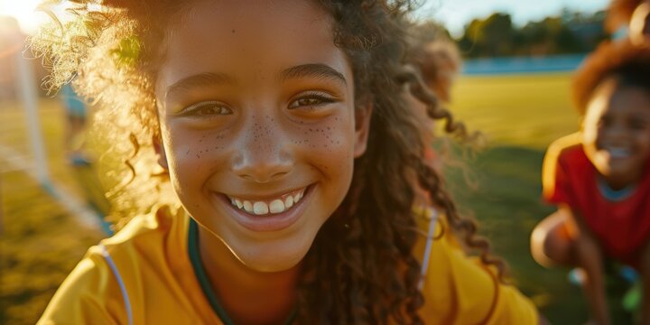 Group of joyful children celebrating victory on the sports field, showcasing teamwork and unity after an exciting game