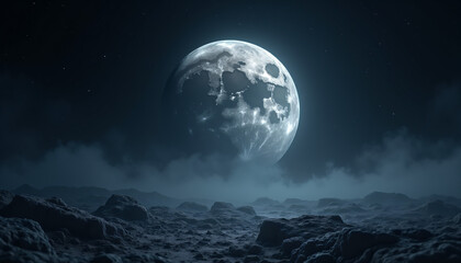  Full Moon in a Dark Night Sky Over Mountains