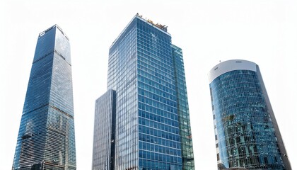 Fototapeta premium A trio of modern skyscrapers with glass facades reflecting sunlight, showcasing contemporary architecture against a bright sky.