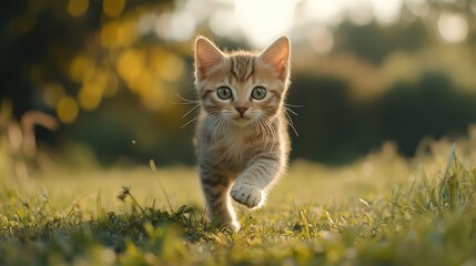 Cute Kitten Walking in Green Grass on a Sunny Day