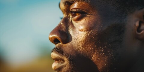 Side profile of a fatigued athlete contemplating power and challenge during a sports training session in rugby, showcasing focus and determination