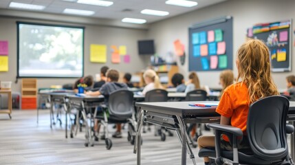 Students focus intently on a presentation in a modern classroom filled with colorful learning materials