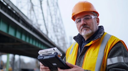 A civil engineer inspecting concrete quality with a portable testing kit, at a bridge construction site, looking at the camera