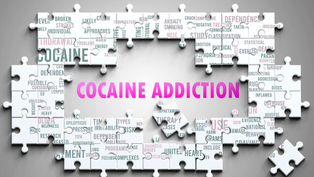 Cocaine Addiction as a complex subject, related to important topics. Pictured as a puzzle and a word cloud made of most important ideas and phrases related to cocaine addiction. ,3d illustration