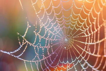 Intricate beauty a close-up exploration of a spider web adorned with morning dewdrops