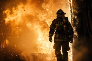 Naklejka premium Heroism in action a firefighter's courageous emergence from flames and smoke
