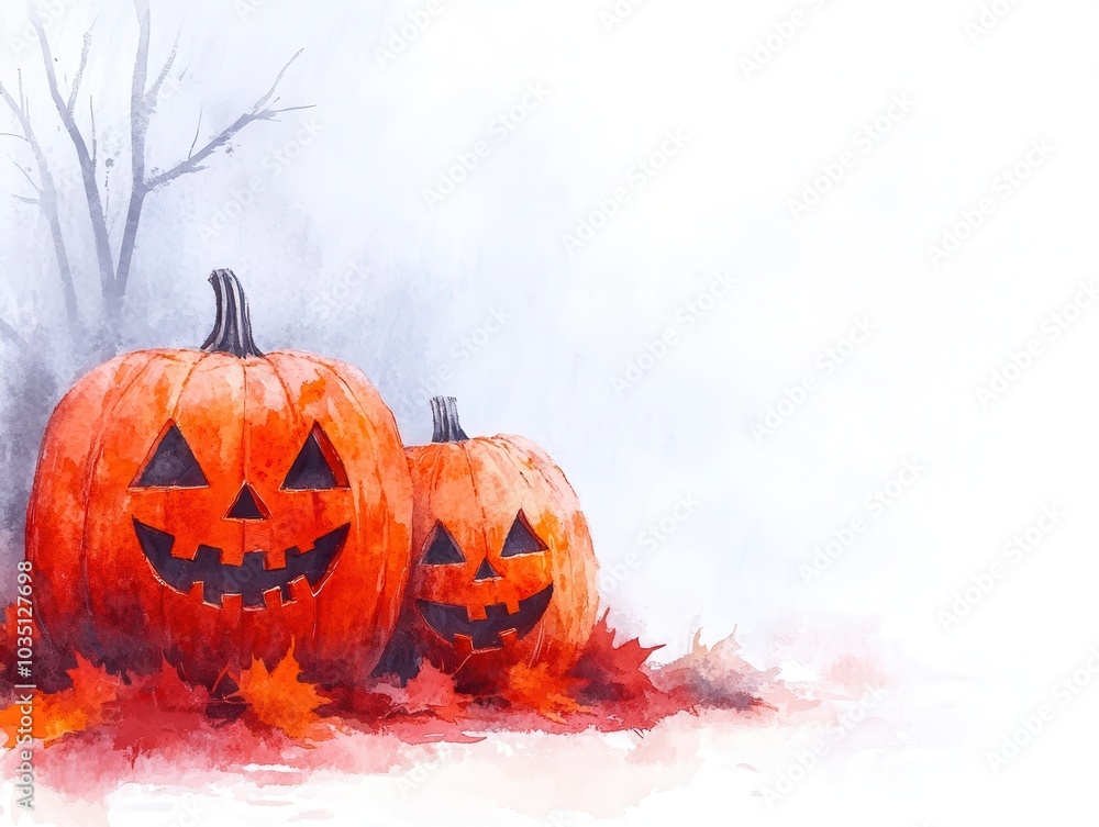 Canvas Prints Watercolor Jack-O-Lantern Pumpkins with Fall Leaves