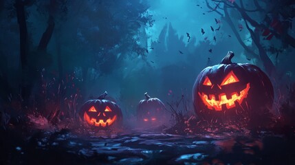 Naklejka premium Jack-o'-Lanterns Glowing in a Spooky Forest