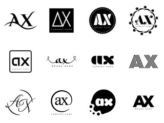 AX logo company template. Letter a and x logotype. Set different classic serif lettering and modern bold text with design elements. Initial font typography.