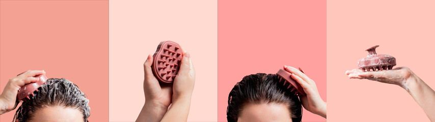 Banner of 4 images with scalp massager and woman doing scalp massage on pink background. Isoalted...
