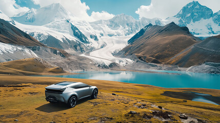 Lake under the snow-capped mountains and future cars