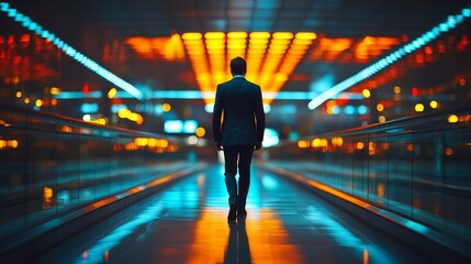 Fototapeta premium Businessman Walking on Moving Walkway in Modern Airport