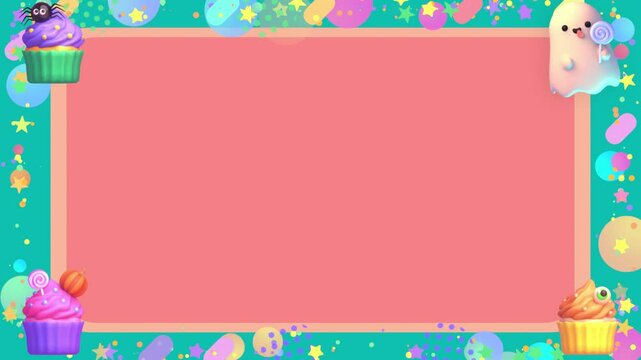 Looped cartoon Halloween frame with a kawaii ghost, spooky cupcakes, various geometric shapes, and an empty screen motion graphics.