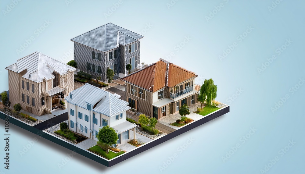 Poster a collection of four distinct miniature houses showcasing various architectural styles and landscapi