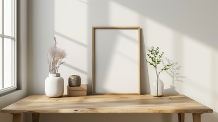 A contemporary home office with white walls and a wooden desk. The desk features a blank picture frame and a single book. Bright