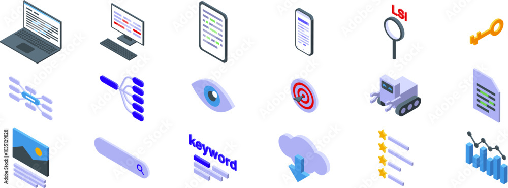 Poster lsi keywords icons set. search engine optimization specialist is analyzing website traffic with lapt