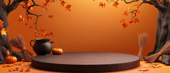 A vibrant autumn backdrop featuring decorative pumpkins, a cauldron, and fall leaves on a circular stage against an orange gradient.
