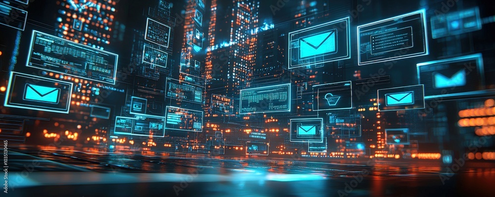 Poster digital cityscape with glowing interface elements