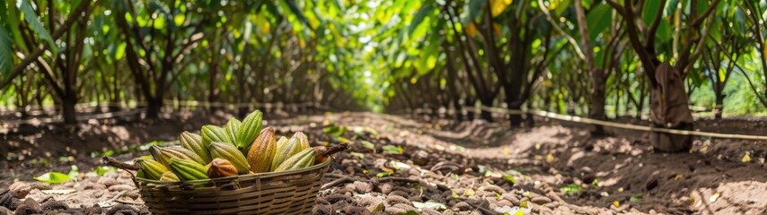 A serene panoramic view of lush cocoa plantation rows harvesting nature's delights