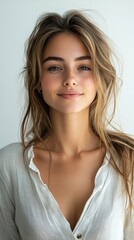 Fototapeta premium Beautiful Woman with Long Blonde Hair in White Shirt
