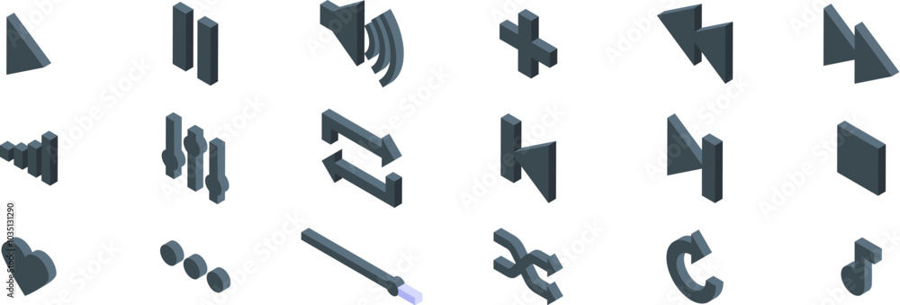 Poster playback music icons set. set of dark grey isometric audio player buttons showing various playback o